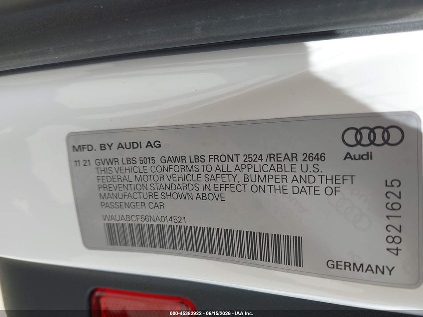 2022 Audi A5 Sportback Premium 40 Tfsi Quattro S Tronic VIN: WAUABCF56NA014521 Lot: 45382922