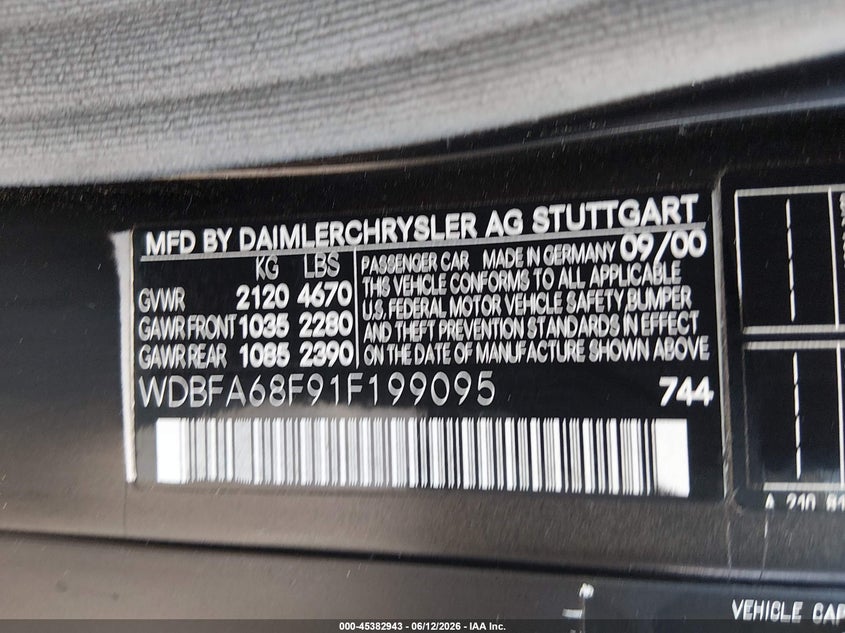 2001 Mercedes-Benz Sl 500 VIN: WDBFA68F91F199095 Lot: 45382943