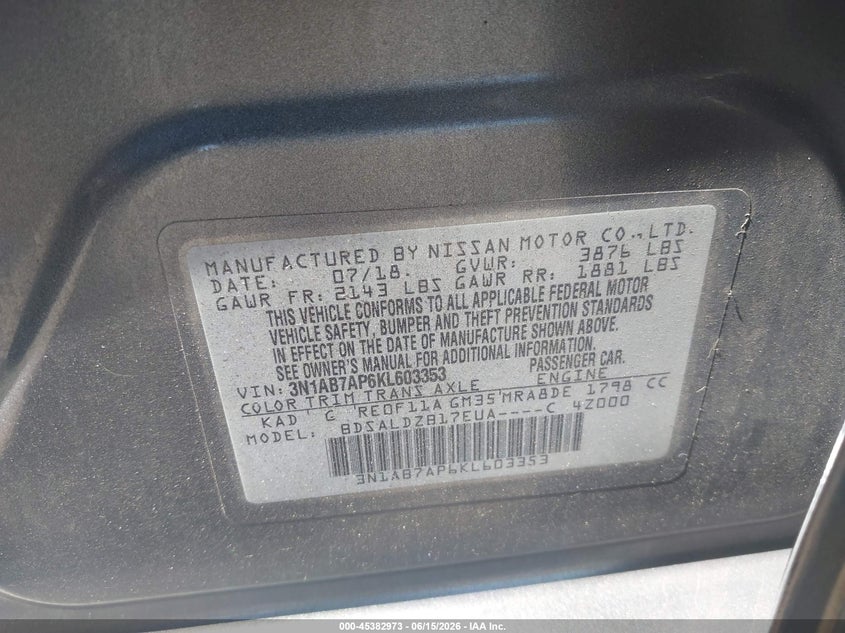 VIN 3N1AB7AP6KL603353 2019 NISSAN SENTRA SV