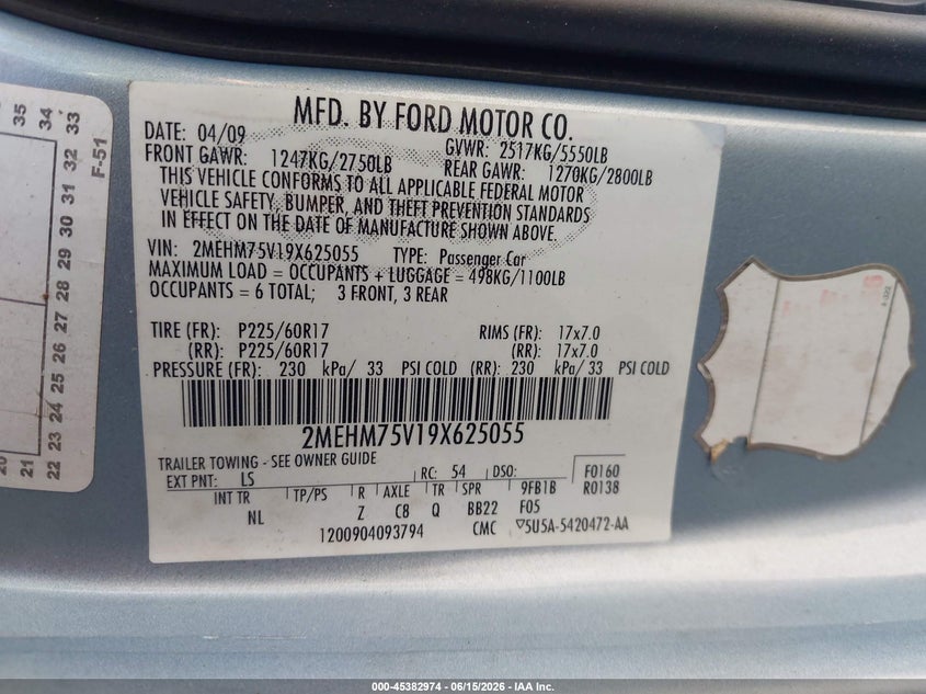 2009 Mercury Grand Marquis Ls (Fleet Only) VIN: 2MEHM75V19X625055 Lot: 45382974