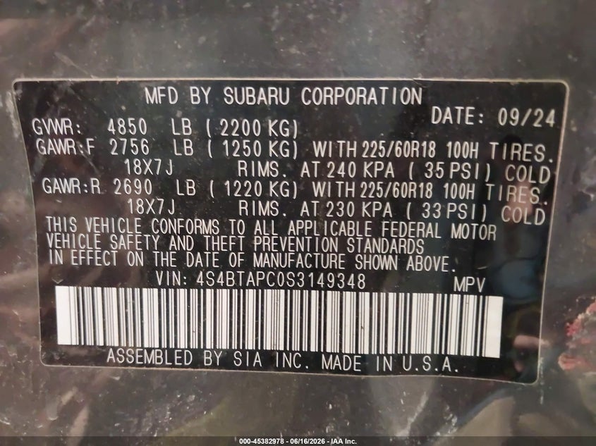 VIN: 4S4BTAPC0S3149348 2025 SUBARU OUTBACK TOURING