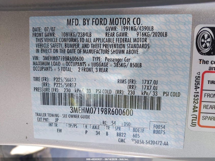 2008 Mercury Milan V6 VIN: 3MEHM07198R600600 Lot: 45383021