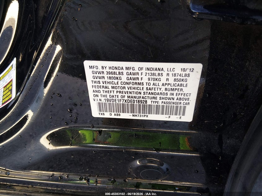 2013 Acura Ilx 2.0L VIN: 19VDE1F7XDE018928 Lot: 45383102
