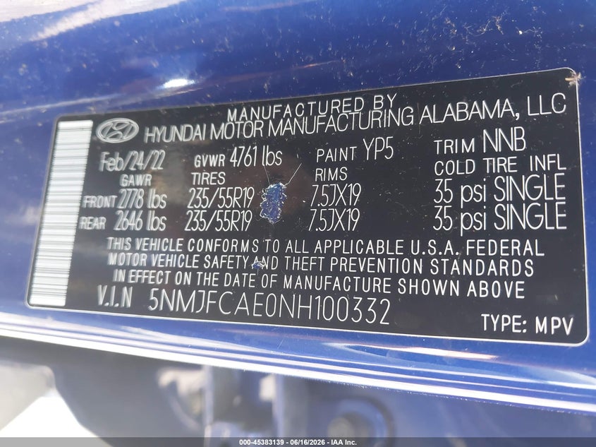VIN 5NMJFCAE0NH100332 2022 HYUNDAI TUCSON SEL