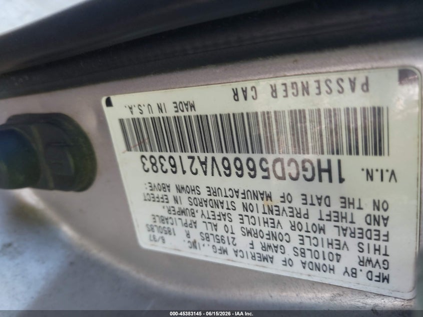 1997 Honda Accord Ex VIN: 1HGCD5666VA216383 Lot: 45383145