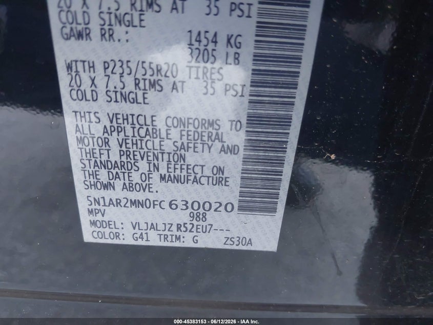 NISSAN PATHFINDER 2015 VIN 5N1AR2MN0FC630020