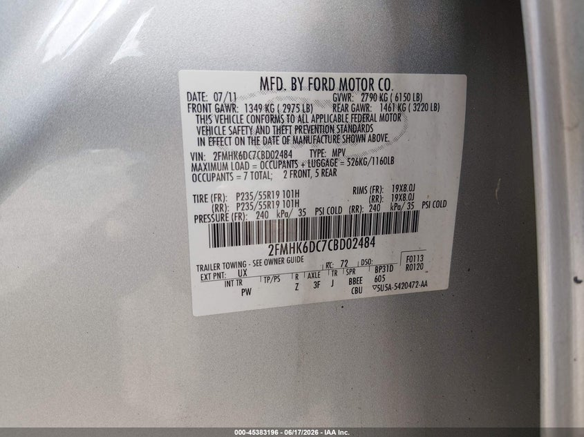 2012 Ford Flex Limited/Titanium VIN: 2FMHK6DC7CBD02484 Lot: 45383196