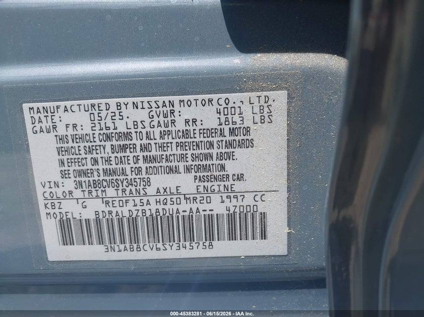 VIN 3N1AB8CV6SY345758 2025 NISSAN SENTRA SV
