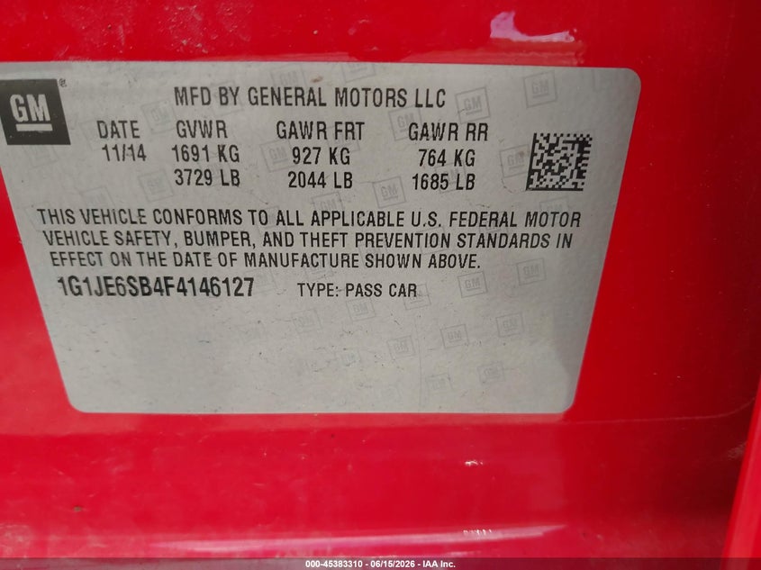 2015 Chevrolet Sonic Ltz Auto VIN: 1G1JE6SB4F4146127 Lot: 45383310