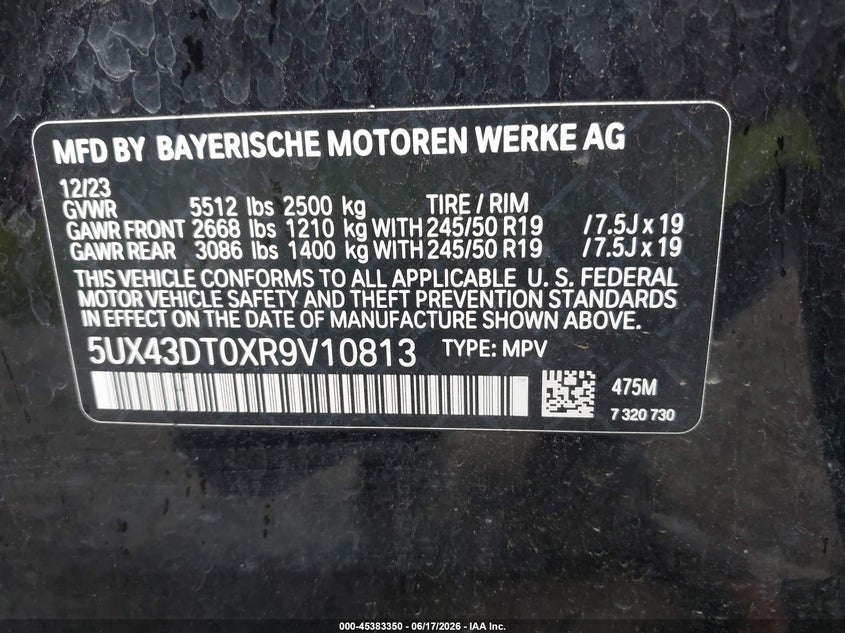 2024 BMW X4 M40I VIN: 5UX43DT0XR9V10813 Lot: 45383350