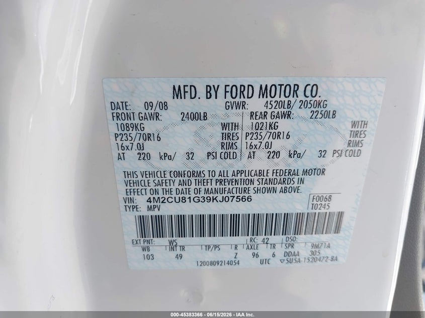 2009 Mercury Mariner V6 VIN: 4M2CU81G39KJ07566 Lot: 45383366