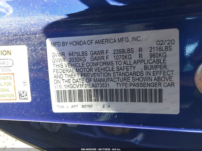 2020 HONDA ACCORD SPORT — Photo 9