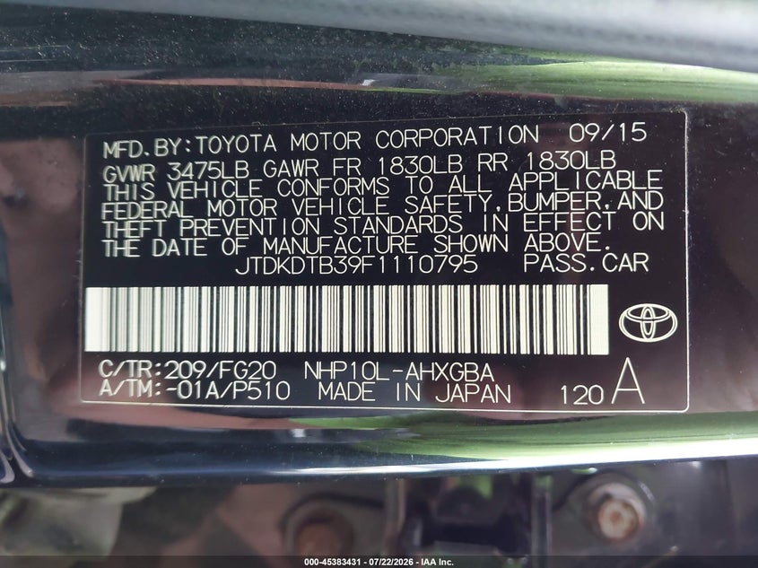 2015 Toyota Prius C Three VIN: JTDKDTB39F1110795 Lot: 45383431