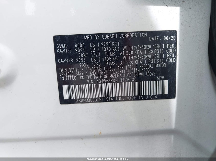 2020 Subaru Ascent Limited VIN: 4S4WMAPD2L3476536 Lot: 45383465