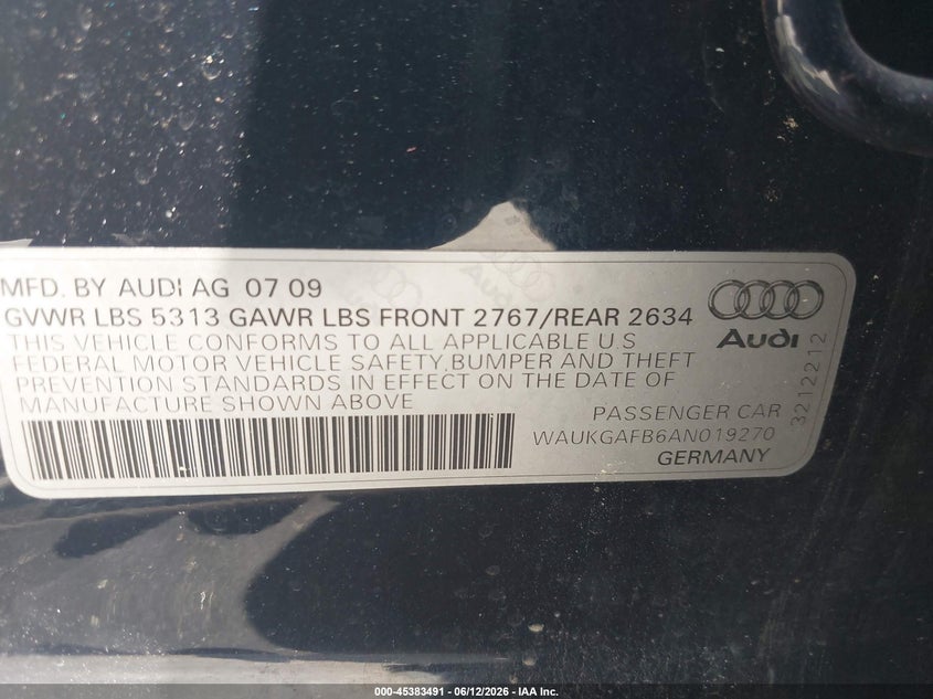 2010 Audi A6 3.0 Premium VIN: WAUKGAFB6AN019270 Lot: 45383491
