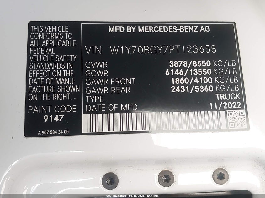2023 Mercedes-Benz Sprinter 1500 Standard Roof 4-Cyl Gas VIN: W1Y70BGY7PT123658 Lot: 45383504