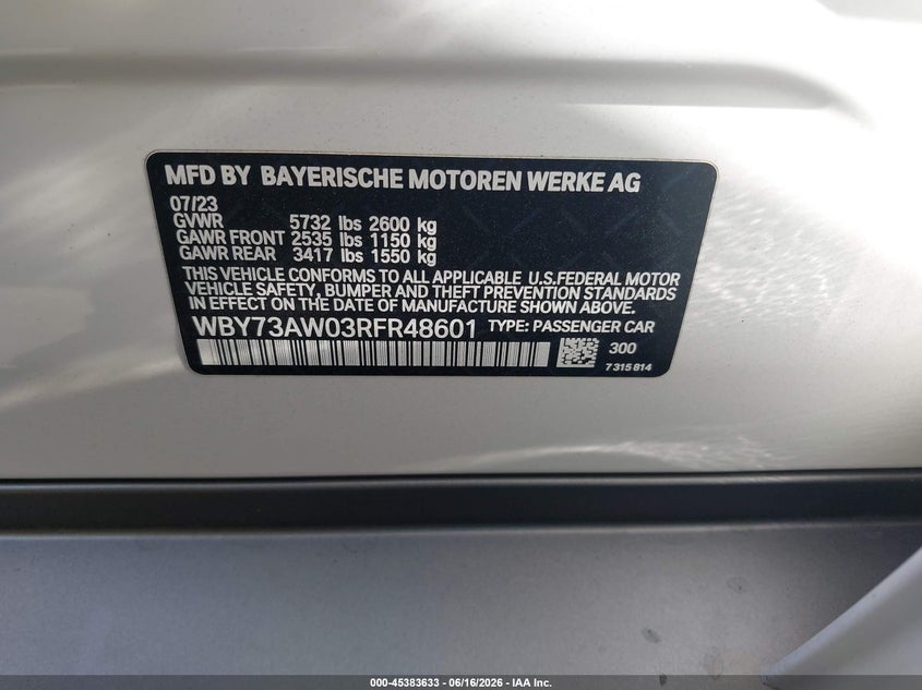 2024 BMW I4 Gran Coupe Edrive40 VIN: WBY73AW03RFR48601 Lot: 45383633