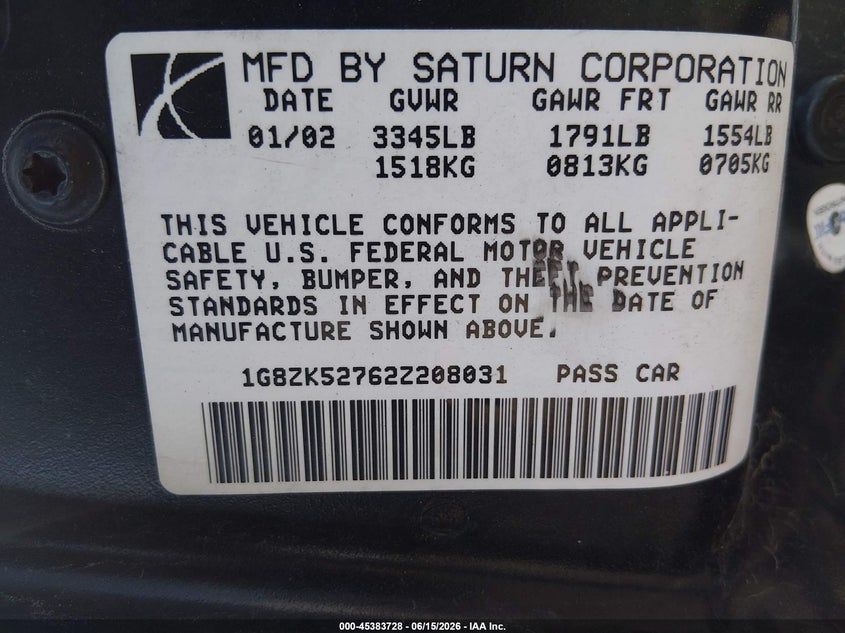 2002 Saturn S-Series Sl2 VIN: 1G8ZK52762Z208031 Lot: 45383728