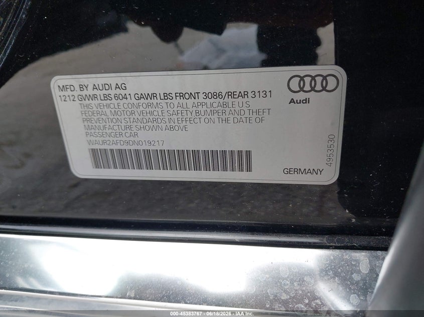 2013 Audi A8 L 4.0T VIN: WAUR2AFD9DN019217 Lot: 45383767