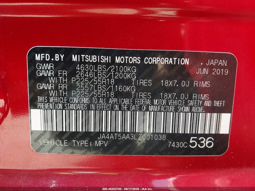 2020 Mitsubishi Eclipse Cross Sel 1.5T Awc VIN: JA4AT5AA3LZ001038 Lot: 45383780