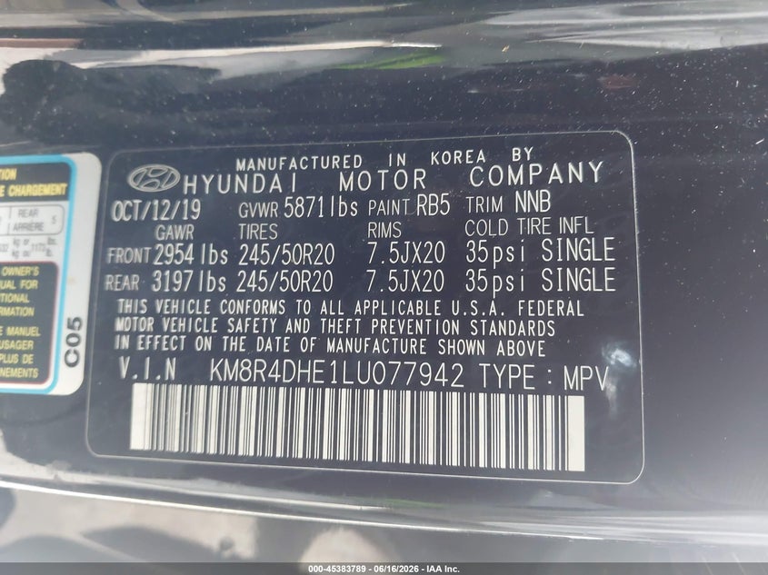 VIN KM8R4DHE1LU077942 2020 HYUNDAI PALISADE SEL
