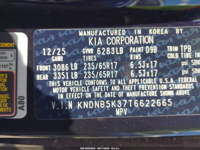 2026 Kia Carnival Mpv Lx VIN: KNDNB5K37T6622665 Lot: 45383842
