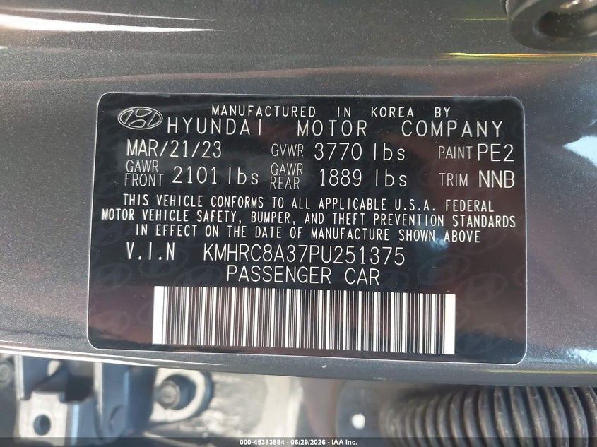 2023 Hyundai Venue Sel VIN: KMHRC8A37PU251375 Lot: 45383884