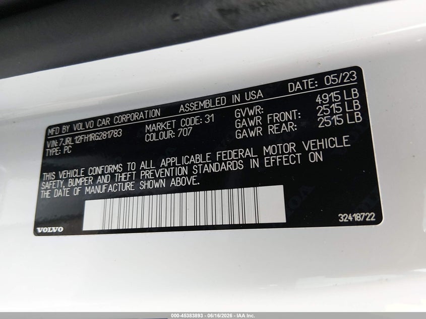 2024 Volvo S60 B5 Plus Black Edition VIN: 7JRL12FH1RG281783 Lot: 45383893