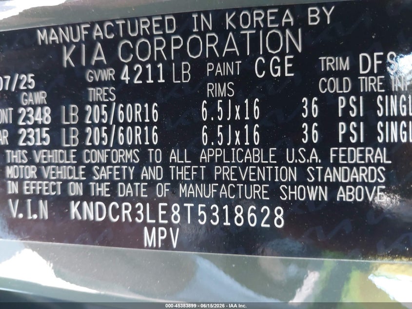 2026 Kia Niro Ex VIN: KNDCR3LE8T5318628 Lot: 45383899