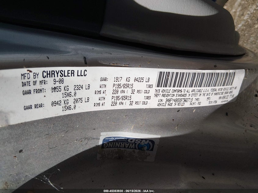 2009 Chrysler Pt Cruiser Lx VIN: 3A8FY48939T532719 Lot: 45383930