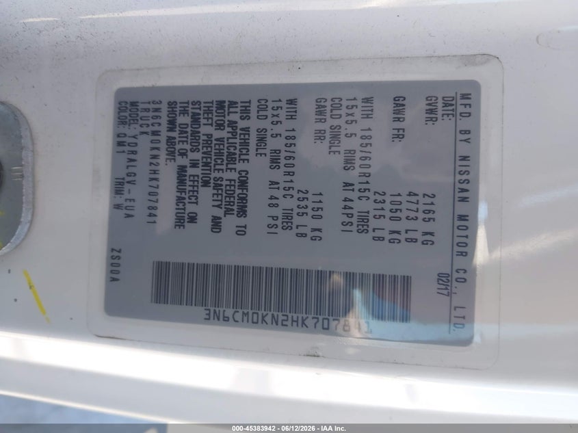2017 Nissan Nv200 Sv VIN: 3N6CM0KN2HK707841 Lot: 45383942