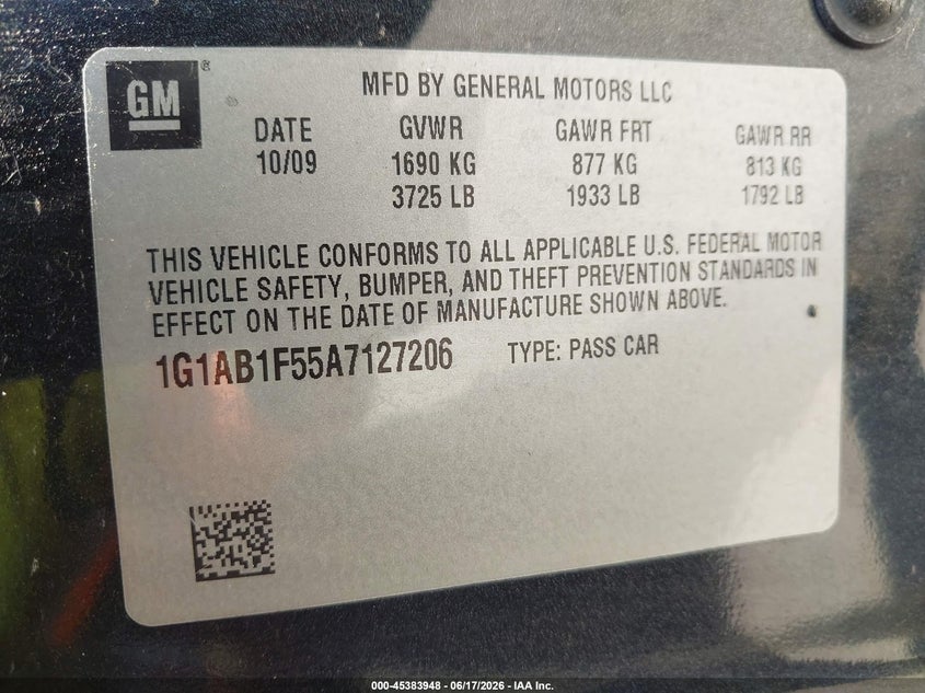 2010 Chevrolet Cobalt Ls VIN: 1G1AB1F55A7127206 Lot: 45383948