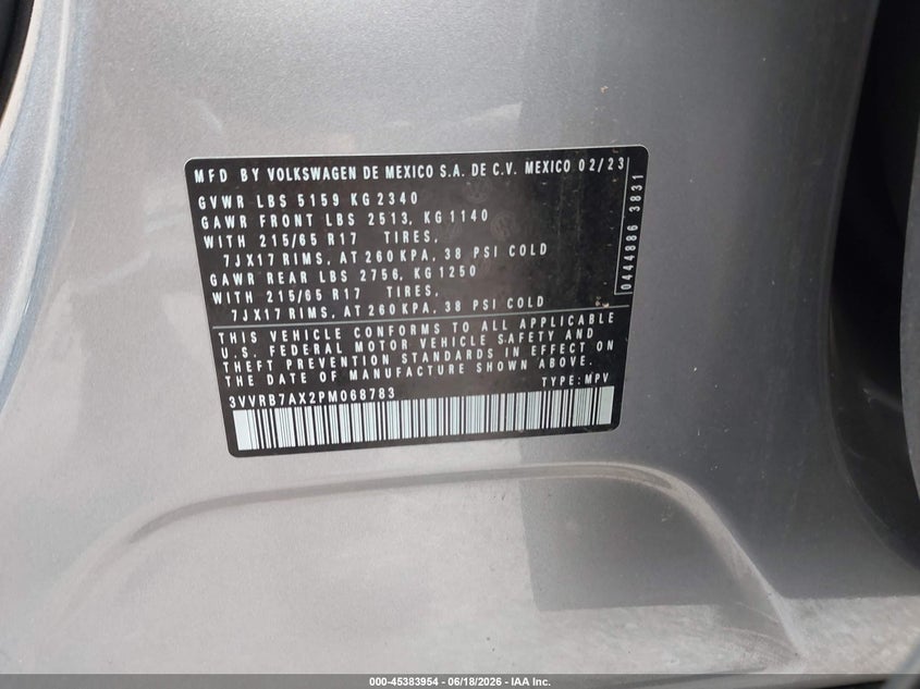 2023 Volkswagen Tiguan 2.0T S VIN: 3VVRB7AX2PM068783 Lot: 45383954