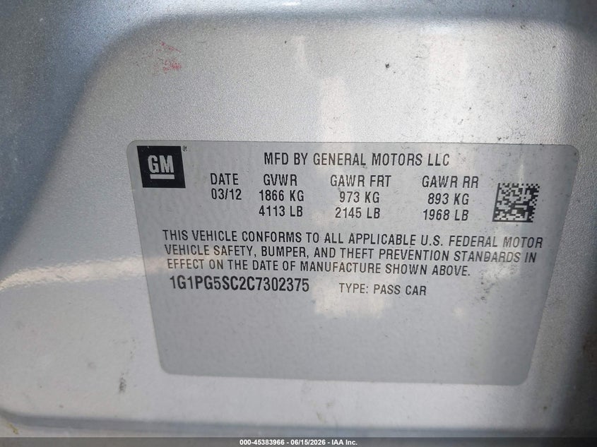 2012 Chevrolet Cruze 2Lt VIN: 1G1PG5SC2C7302375 Lot: 45383966