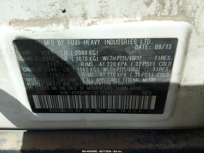 SUBARU OUTBACK 2014 VIN 4S4BRBCC0E3226525