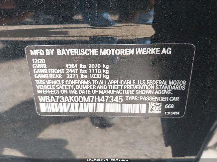 2021 BMW 228I Gran Coupe xDrive VIN: WBA73AK00M7H47345 Lot: 45384011
