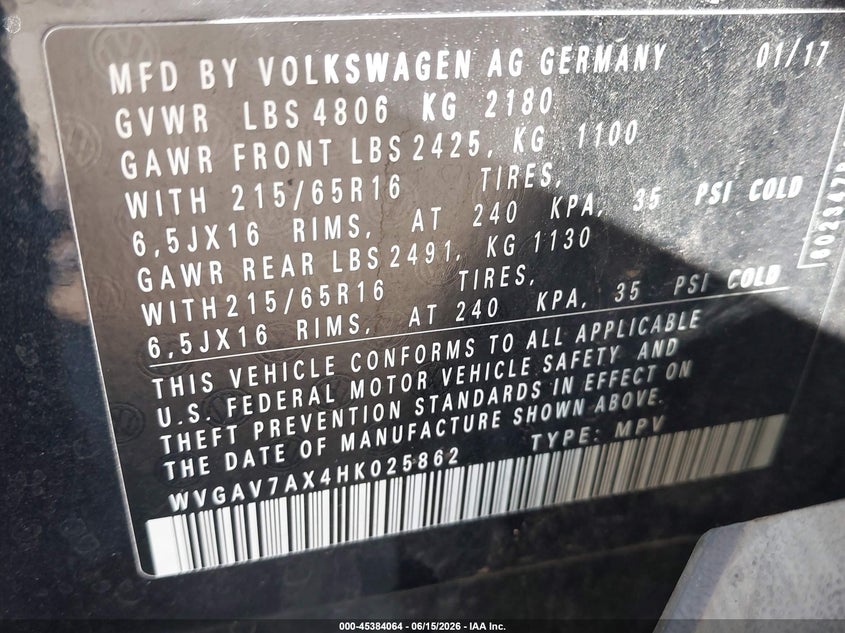 2017 Volkswagen Tiguan 2.0T/2.0T S VIN: WVGAV7AX4HK025862 Lot: 45384064