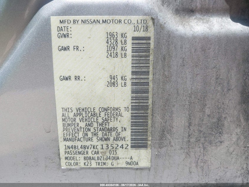 VIN 1N4BL4BV7KC135242 2019 NISSAN ALTIMA 2.5 S