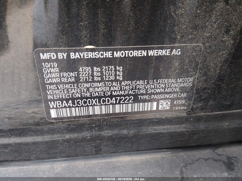 2020 BMW 430I Gran Coupe xDrive VIN: WBA4J3C0XLCD47222 Lot: 45384108