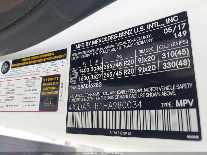 2017 Mercedes-Benz Gle 350 4Matic VIN: 4JGDA5HB1HA980034 Lot: 45384111