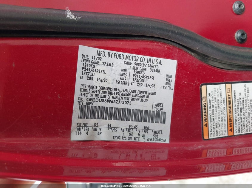 2003 Mercury Mountaineer VIN: 4M2DU86W63ZJ13073 Lot: 45384150
