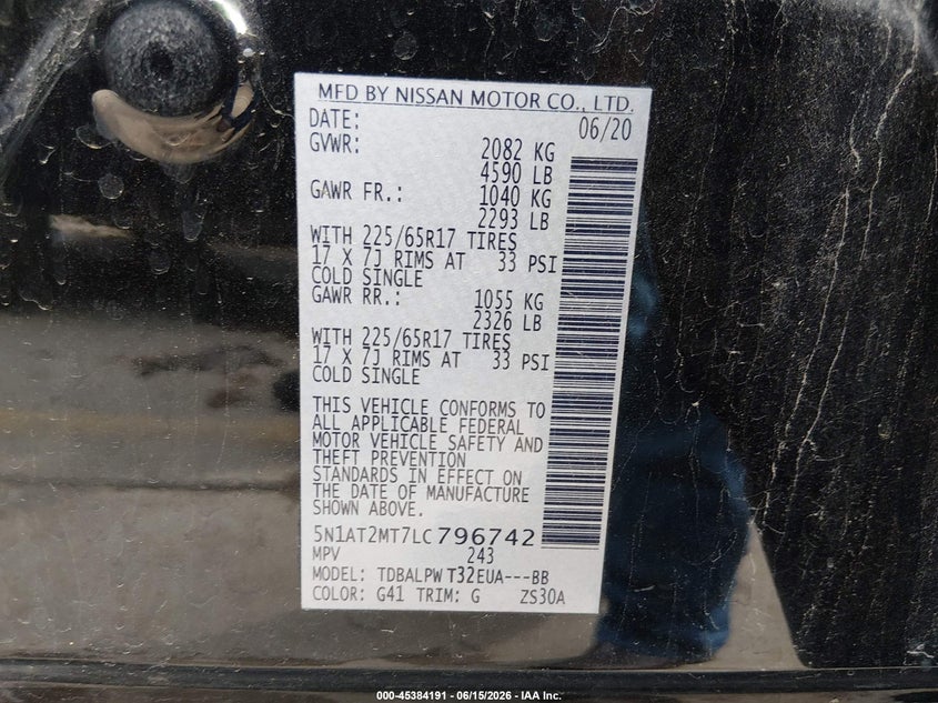 2020 Nissan Rogue S Fwd VIN: 5N1AT2MT7LC796742 Lot: 45384191