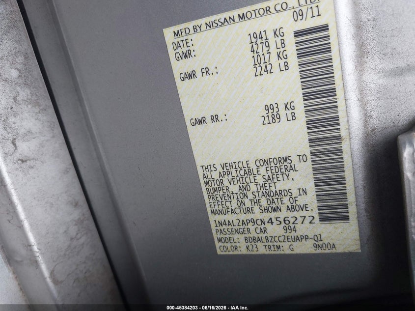 NISSAN ALTIMA 2012 VIN 1N4AL2AP9CN456272