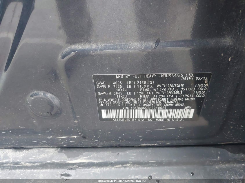 SUBARU OUTBACK 2017 VIN 4S4BSANC2H3348626