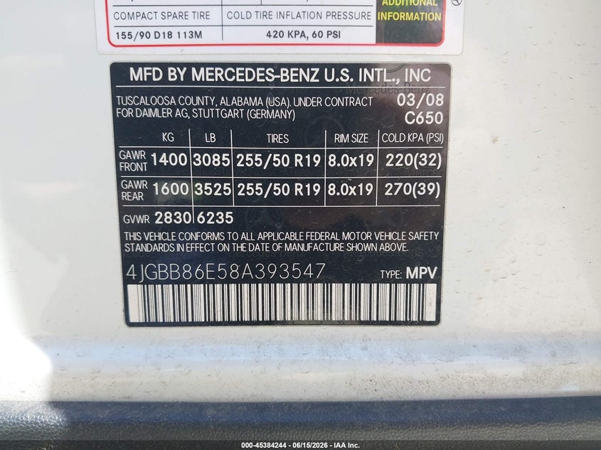 2008 Mercedes-Benz Ml 350 4Matic VIN: 4JGBB86E58A393547 Lot: 45384244