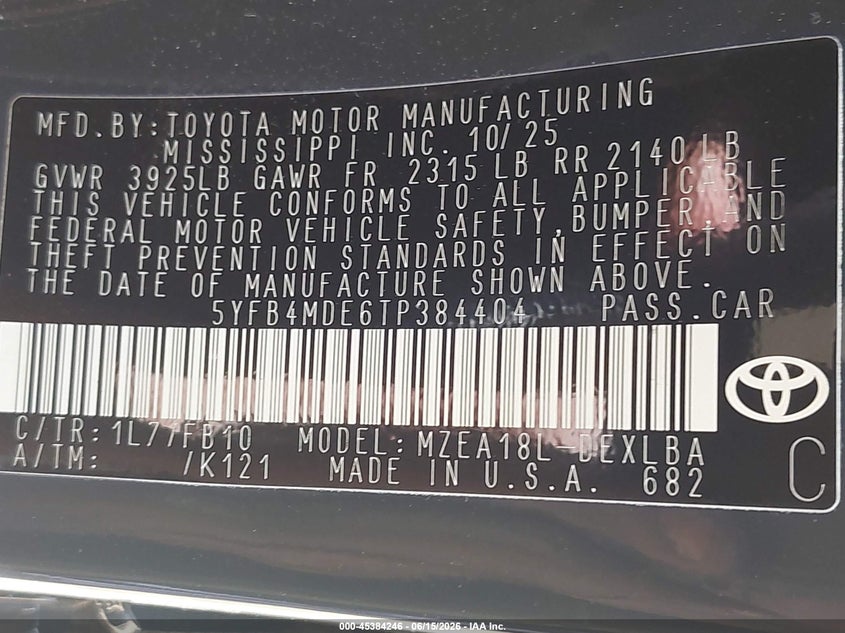 2026 Toyota Corolla Le VIN: 5YFB4MDE6TP384404 Lot: 45384246