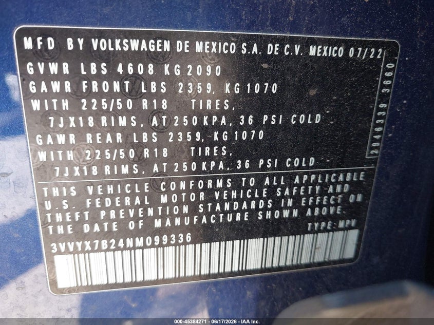 2022 Volkswagen Taos 1.5T Se VIN: 3VVYX7B24NM099336 Lot: 45384271