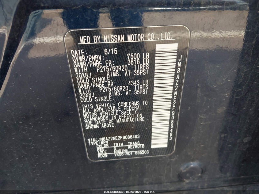 2015 Infiniti Qx80 Limited VIN: JN8AZ2NE2F9086463 Lot: 45384330