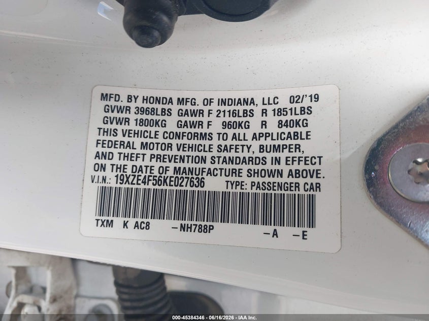 2019 Honda Insight Ex VIN: 19XZE4F56KE027636 Lot: 45384346