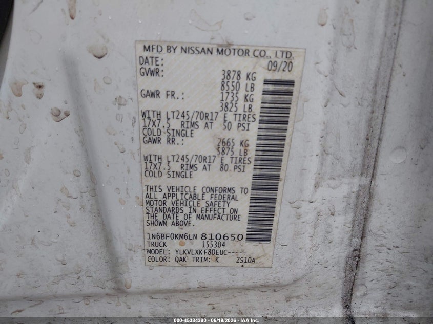 2020 Nissan Nv Cargo Nv1500 Sv Standard Roof V6 VIN: 1N6BF0KM6LN810650 Lot: 45384380